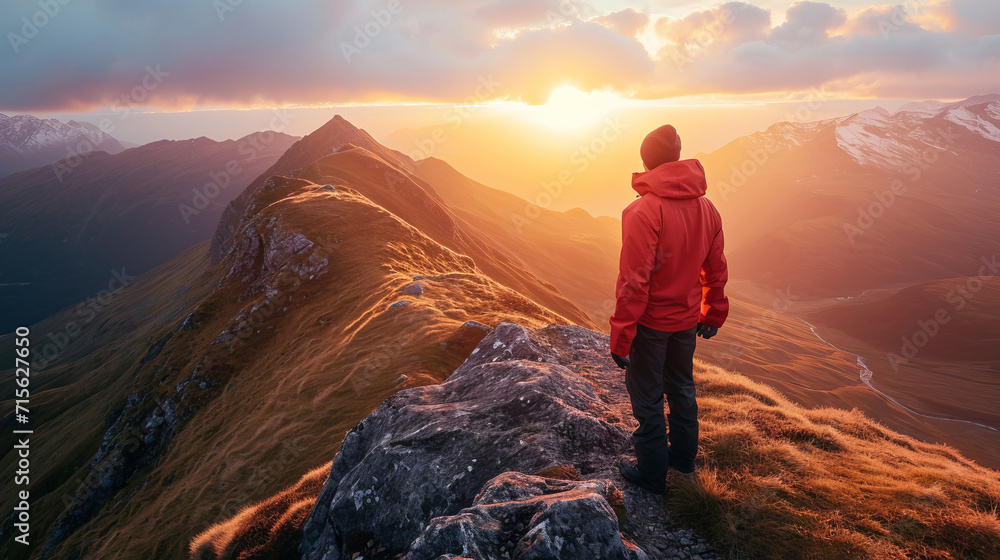 Hiker in red jacket standing on mountain top at sunset in panoramic image
