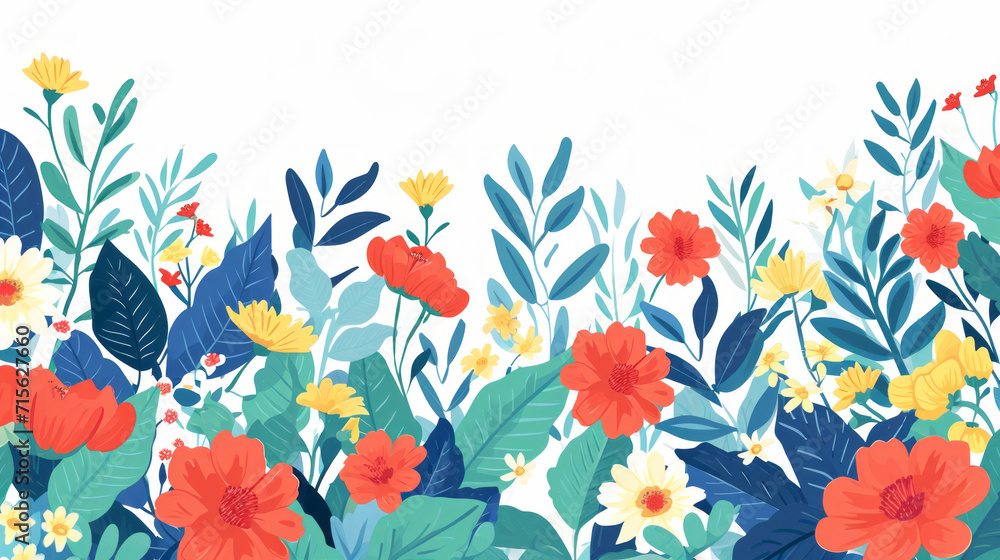 Horizontal white banner with floral backdrop decorated with gorgeous multicolored blooming flowers Horizontal white banner with floral backdrop decorated with gorgeous multicolored blooming flowers