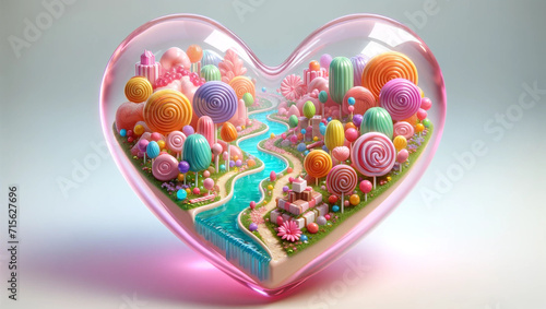 A whimsical glass heart encapsulates a vibrant, candy-inspired fantasy landscape, brimming with colorful confections and a serene, meandering river.