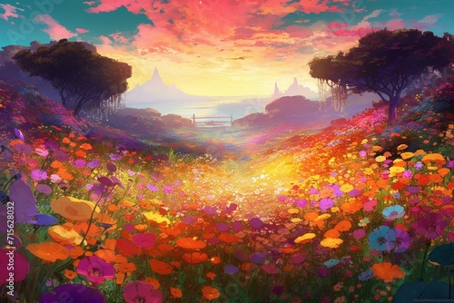 Stunning magical field bursting with vibrant spring flowers, anime-inspired colors, digitally painted background. Generative AI