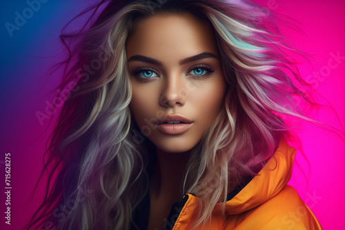 Generative AI illustration of young girl female guy man model posing in stylish trendy shiny outfit