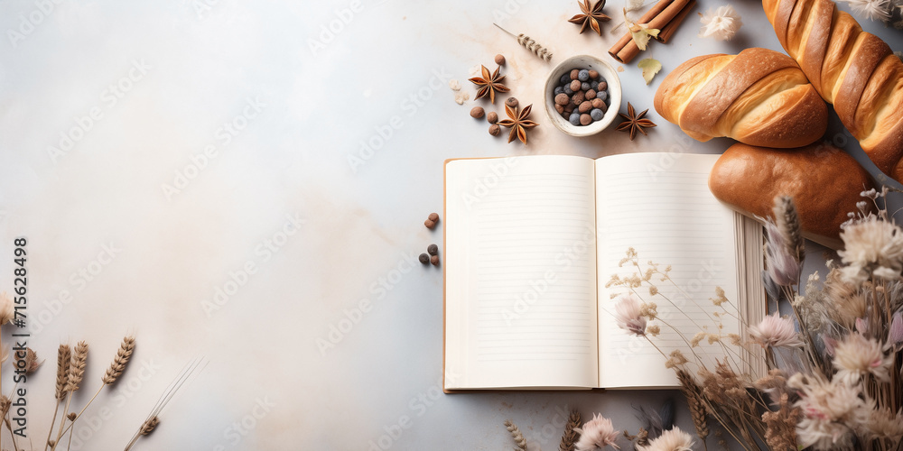 Bakery style border design with an open recipe book placed in the center with blank pages to place text. Natural, fresh and baked ingredients with copy space. - obrazy, fototapety, plakaty 
