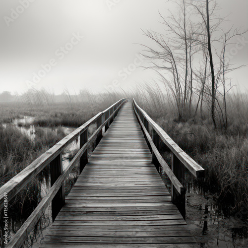 Wooden walkway in a marsh, black and white image. © Ula