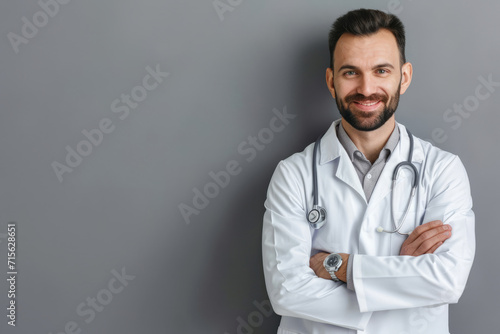 Beautiful male doctor is against grey background
