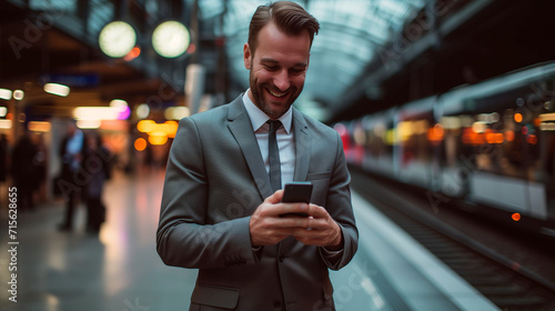 Young happy Caucasian business man wearing a style grey suit holding mobile phone standing in city subway using smartphone for texting, checking apps for public transport, metro or travel guide on
