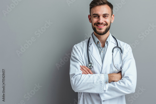 Beautiful male doctor is against grey background © standret