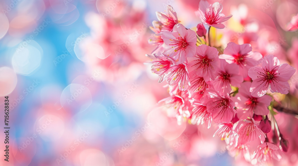 Selective focus of beautiful branches of pink blossoms on the tree under blue sky. Sakura flowers during spring season