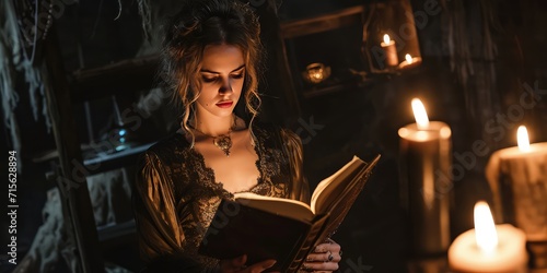 In the soft illumination of candle flames  a witch  draped in a delicate lace dress  explores the depths of her arcane knowledge  her whispered spell captivating the atmosphere.