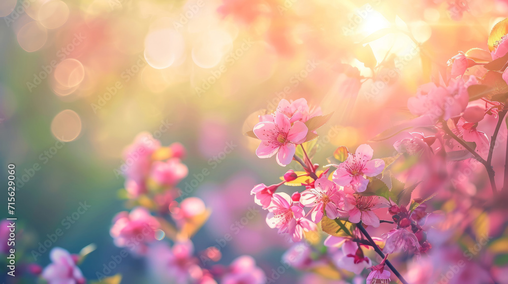 Spring blossom background. Beautiful nature scene with blooming tree and sun flare. Sunny day. Spring flowers