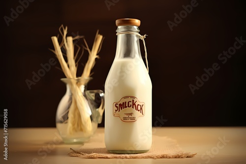A milk bottle with a retro label and a vintage straw  evoking memories of simpler times.