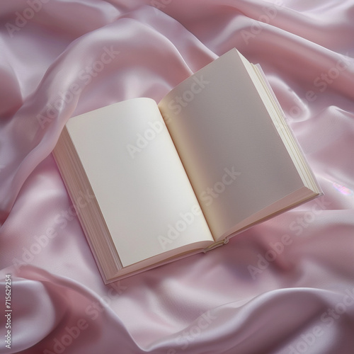 Open diary or planner with empty blank pages, lying on a gentle pink silk or satin fabric. Minimalism