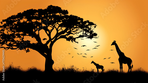 The silhouette of a giraffe at a red-orange sunset in the savannahs.