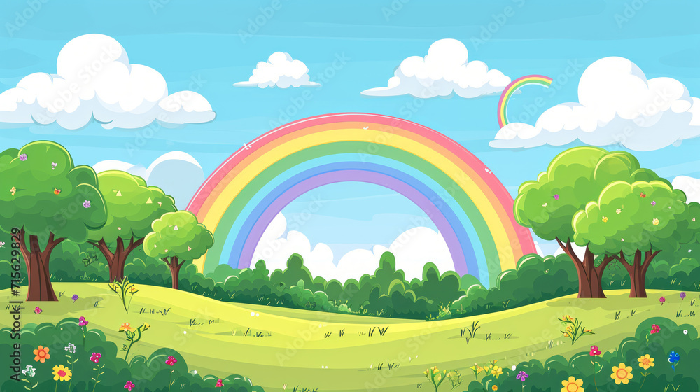 Naklejka premium Illustration of a beautiful summer landscape with a rainbow
