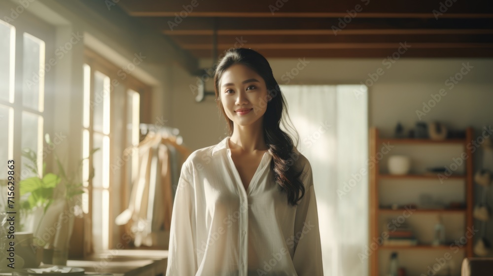 Obraz premium Passionate young Asian designer tailor girl in home tailor business
