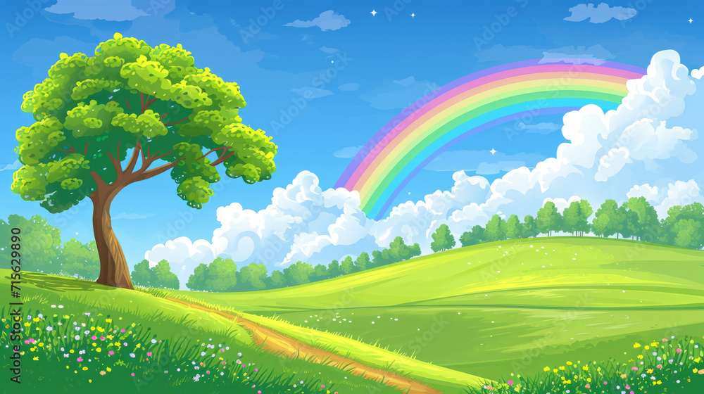 Illustration of a beautiful summer landscape with a rainbow