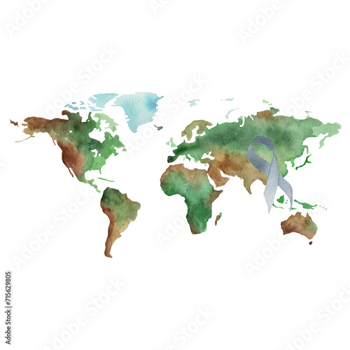 Watercolour illustration of waving ribbon and world map. Hand drawn watercolor painting on white backdrop, isolated element for design.World cancer day.
