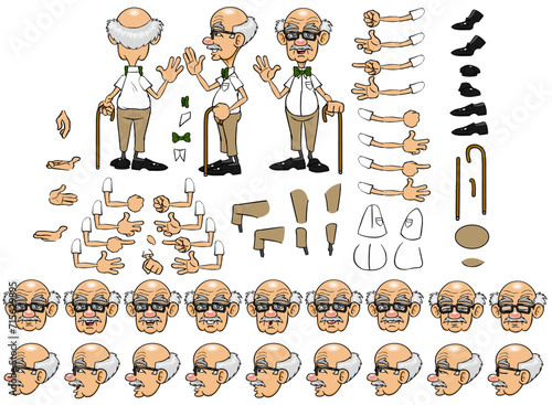 Vector old man character with lip sync and eye blink, all sides rigged