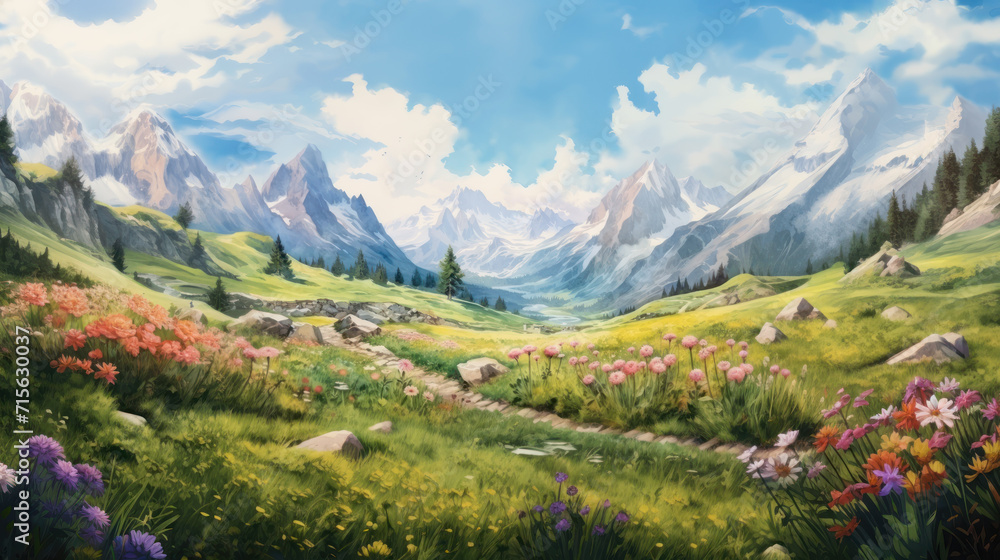 Blooming alpine meadow with mountain backdrop under soft clouds. Wall art wallpaper - obrazy, fototapety, plakaty 