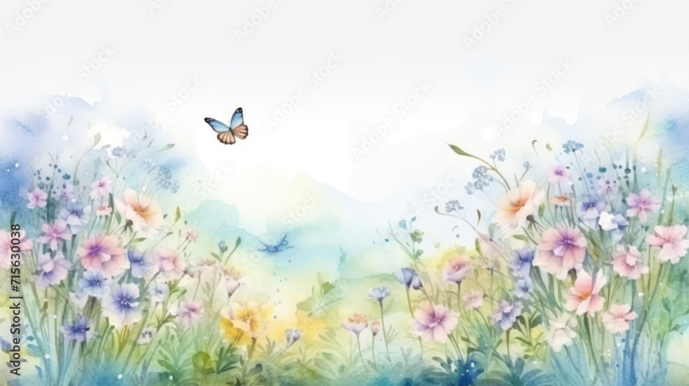 Pastel watercolor scene with butterflies and flowers. Wall art wallpaper