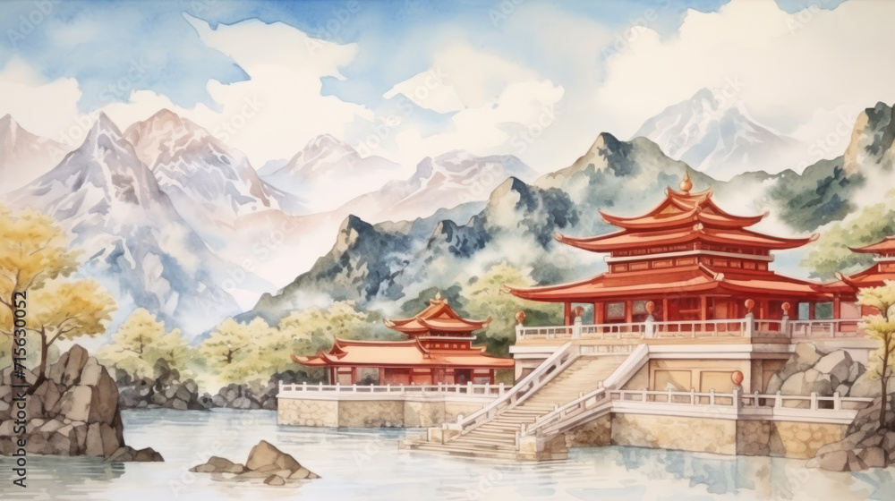 Mountain temple landscape in vintage watercolor style. Wall art wallpaper