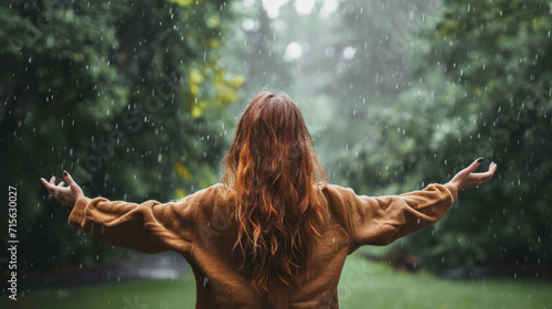 Woman with open arms standing in the rain in green park. Rear view