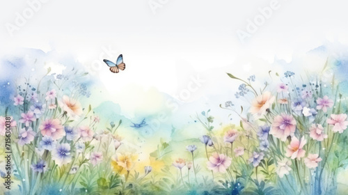 Pastel watercolor scene with butterflies and flowers. Wall art wallpaper