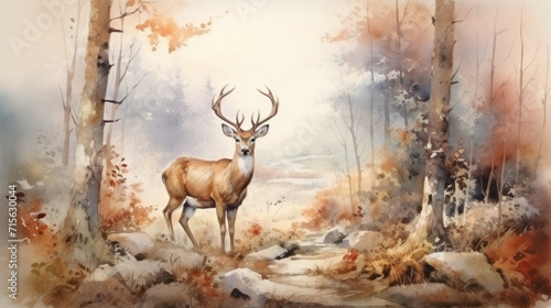 Deer in autumn forest watercolor vintage mural. Wall art wallpaper
