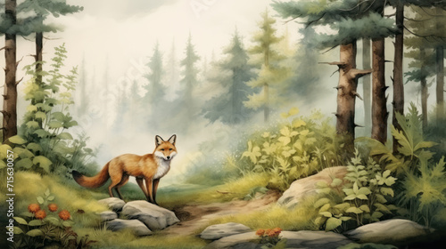 Alert red fox in lush forest landscape. Wall art wallpaper