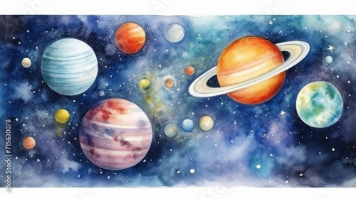 Vibrant watercolor planets aligning in cosmic space. Wall art wallpaper