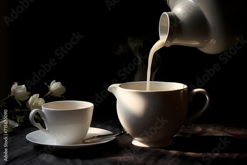 A white ceramic jug pouring milk into a teacup, capturing a moment of tranquility.