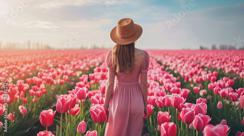 Young woman tourist in pink dress and straw hat standing in blooming tulip field. Spring time, rear view