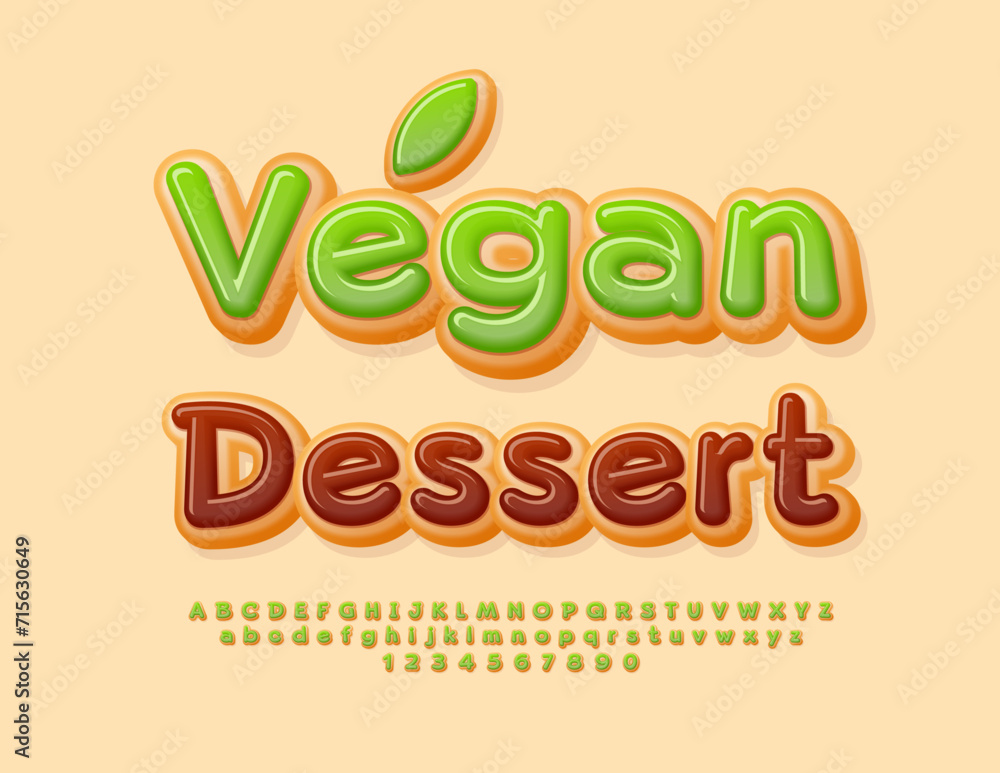 Vector culinary concept Vegan Dessert with decorative Leaf. Green icing Alphabet Letters and Numbers set. Donut style Font. Vector culinary concept Vegan Dessert with decorative Leaf. Green icing Alphabet Letters and Numbers set. Donut style Font.