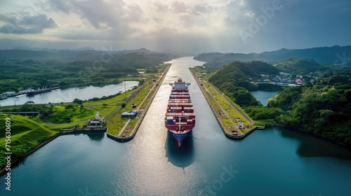 A sea container ship sails through the Panama Canal