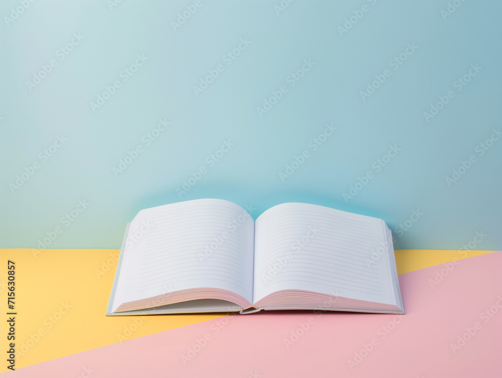 Elegant open blank journal, planner or diary on a pastel background. Clean and untouched pages Elegant open blank journal, planner or diary on a pastel background. Clean and untouched pages