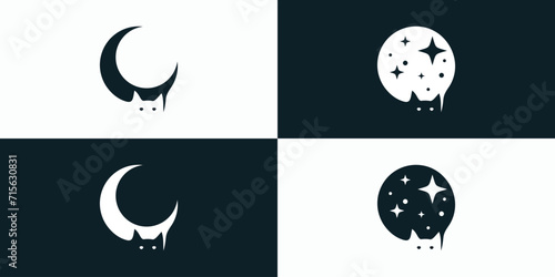 Vector logo design, black and white moon cat illustration collection.