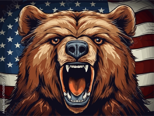 Vector design for t-shirt. 
Ferocious brown bear on background
of american flag. 
Fashionable print for fabric, paper, men clothing,
hoodie, biker jacket.
