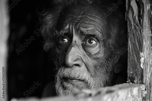 homeless old man lives under the old building with a lot of pollutions, hopeless face with sorrow eyes 