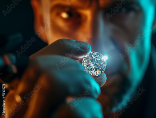 Jeweler examining a diamond with a loupe. Intense focus on the gemstone. Expertise in gemology and craftsmanship