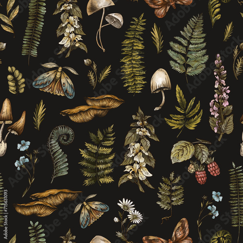 seamless pattern with forest mushrooms, flowers, fern leaves