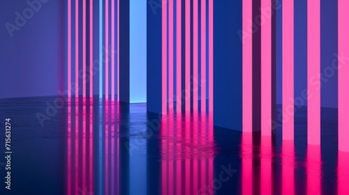 Neon pink and blue vertical lines bend towards the floor, reflecting off a glossy surface against a dark, gradient blue background