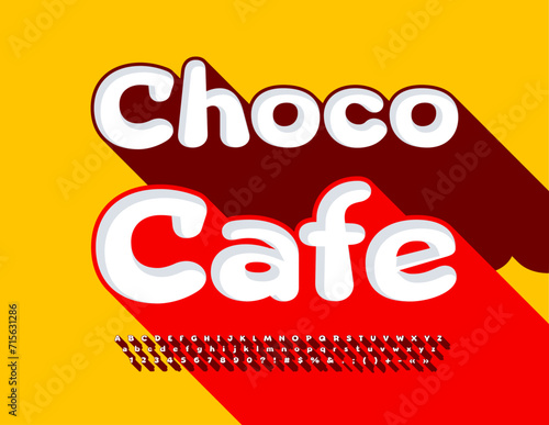 Vector trendy banner Choco Cafe. Unique White Font with Brown Shadow. Playful style set of Alphabet Letters, Numbers and Symbols