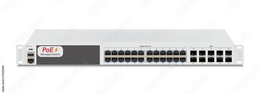 Professional network industrial gigabit switch isolated on white background with SFP ports, poe port, RJ45 Modular plugs for solid Cat5, Cat5e, CAT6 Ethernet Cable connecters. Vector illustration. Professional network industrial gigabit switch isolated on white background with SFP ports, poe port, RJ45 Modular plugs for solid Cat5, Cat5e, CAT6 Ethernet Cable connecters. Vector illustration.