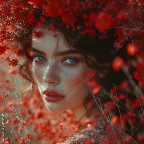 Girl posing in red flowers with blue eyes, in the style of mixes realistic and fantastical elements, atmospheric and dreamy