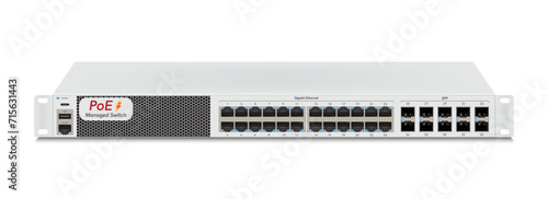 Professional network industrial gigabit switch isolated on white background with SFP ports, poe port, RJ45 Modular plugs for solid Cat5, Cat5e, CAT6 Ethernet Cable connecters.  Vector illustration.