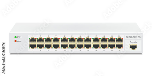 The ethernet switch for mounting with 24 ports, Gigabit Port. Network and ethernet cable with network switch. RJ45 Modular plugs for solid Cat5, Cat5e, CAT6 Ethernet Cable connecters. Vector EPS 10.