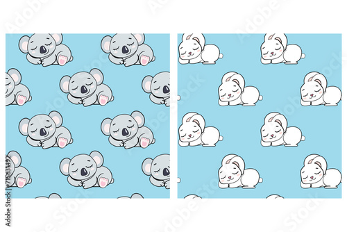 collection sleeping rabbit and koalas seamless endless pattern vector illustration on blue background set