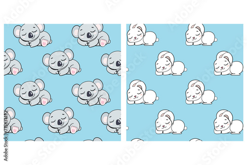 Photography collection sleeping rabbit and koalas seamless endless pattern vector illustrati