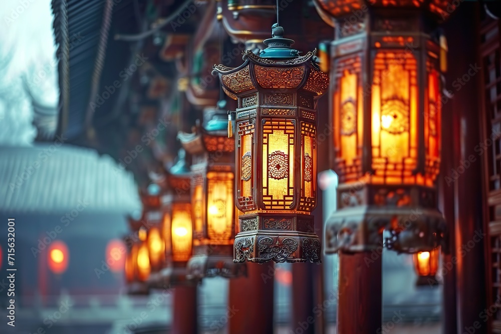 Nighttime Illumination: Chinese Temple with Lanterns and Traditional Architecture, blending elements of Art and Worship