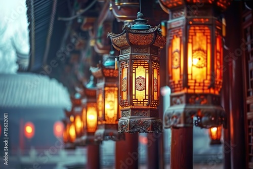 Nighttime Illumination: Chinese Temple with Lanterns and Traditional Architecture, blending elements of Art and Worship photo