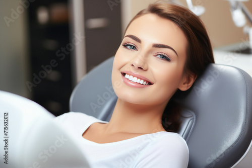 Portrait of a happy smiling person in the dentists chair in office generative AI